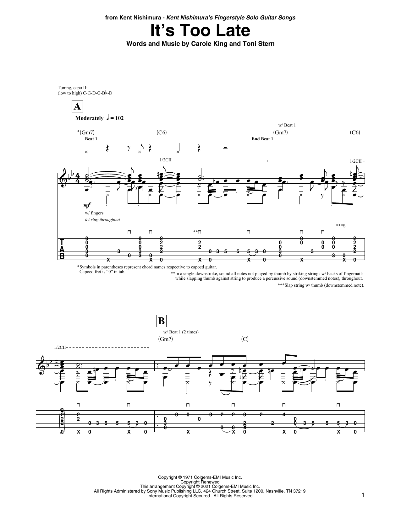 Carole King It's Too Late (arr. Kent Nishimura) sheet music notes and chords arranged for Solo Guitar