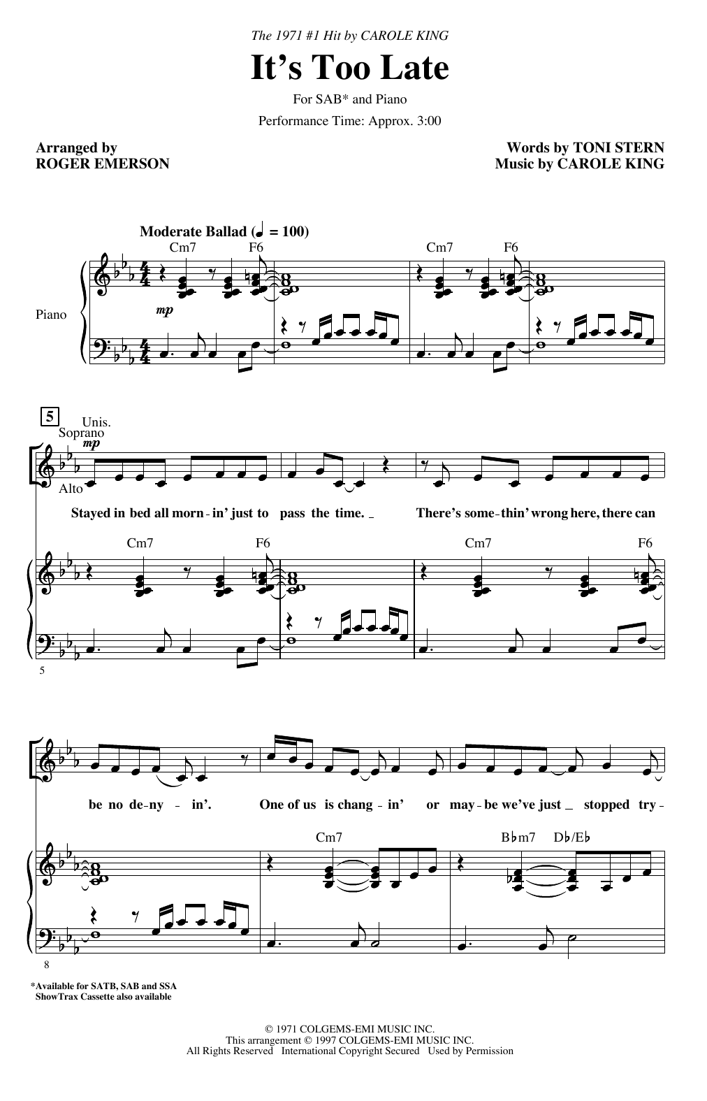 Carole King It's Too Late (arr. Roger Emerson) sheet music notes and chords arranged for SAB Choir