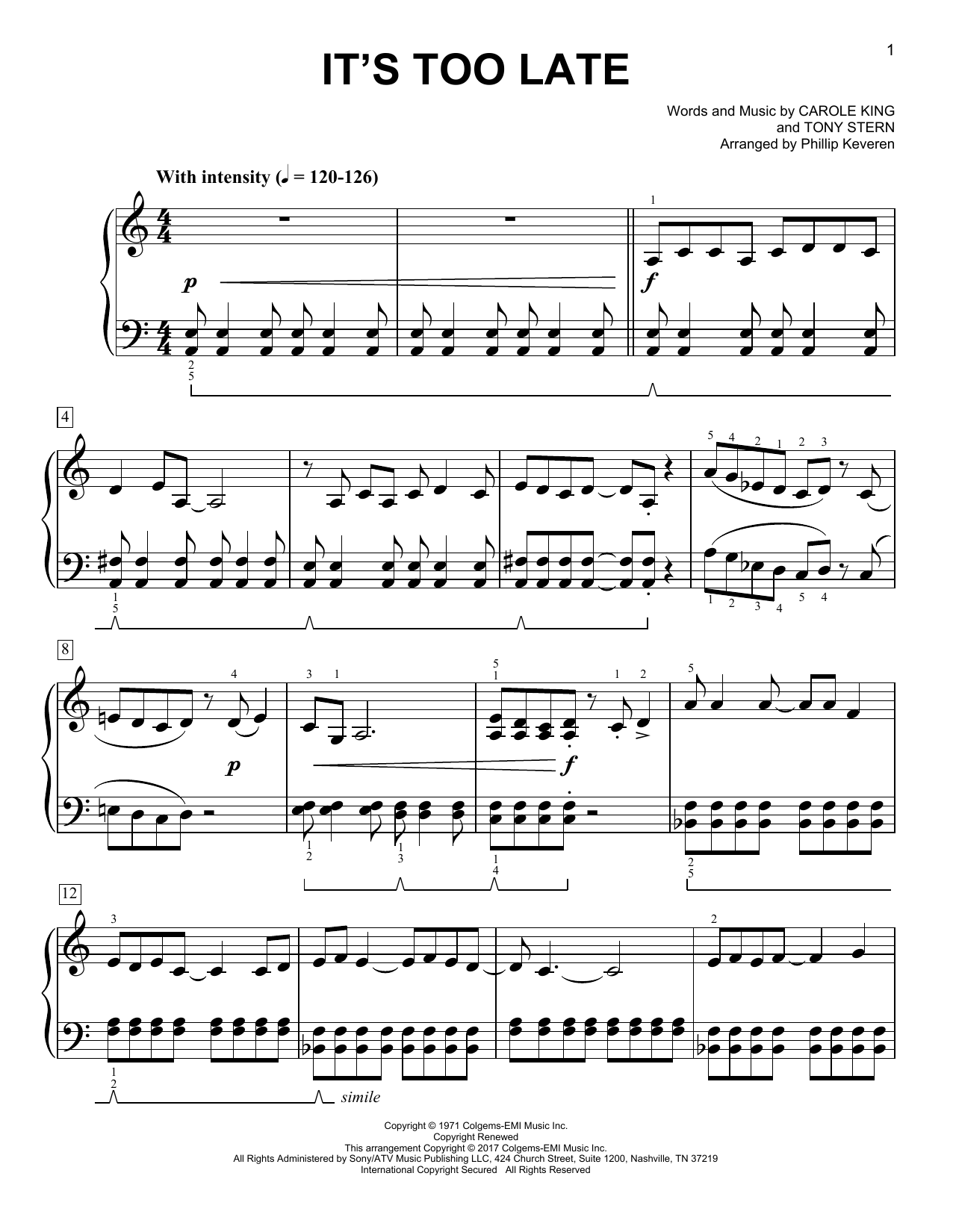 Carole King It's Too Late [Classical version] (arr. Phillip Keveren) sheet music notes and chords arranged for Easy Piano