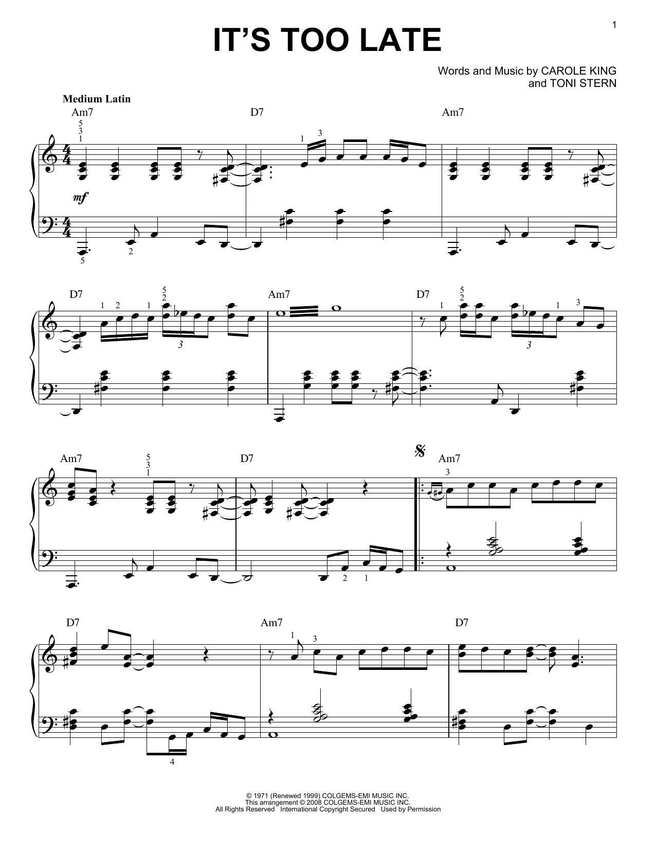 Carole King It's Too Late [Jazz version] (arr. Brent Edstrom) sheet music notes and chords arranged for Piano Solo