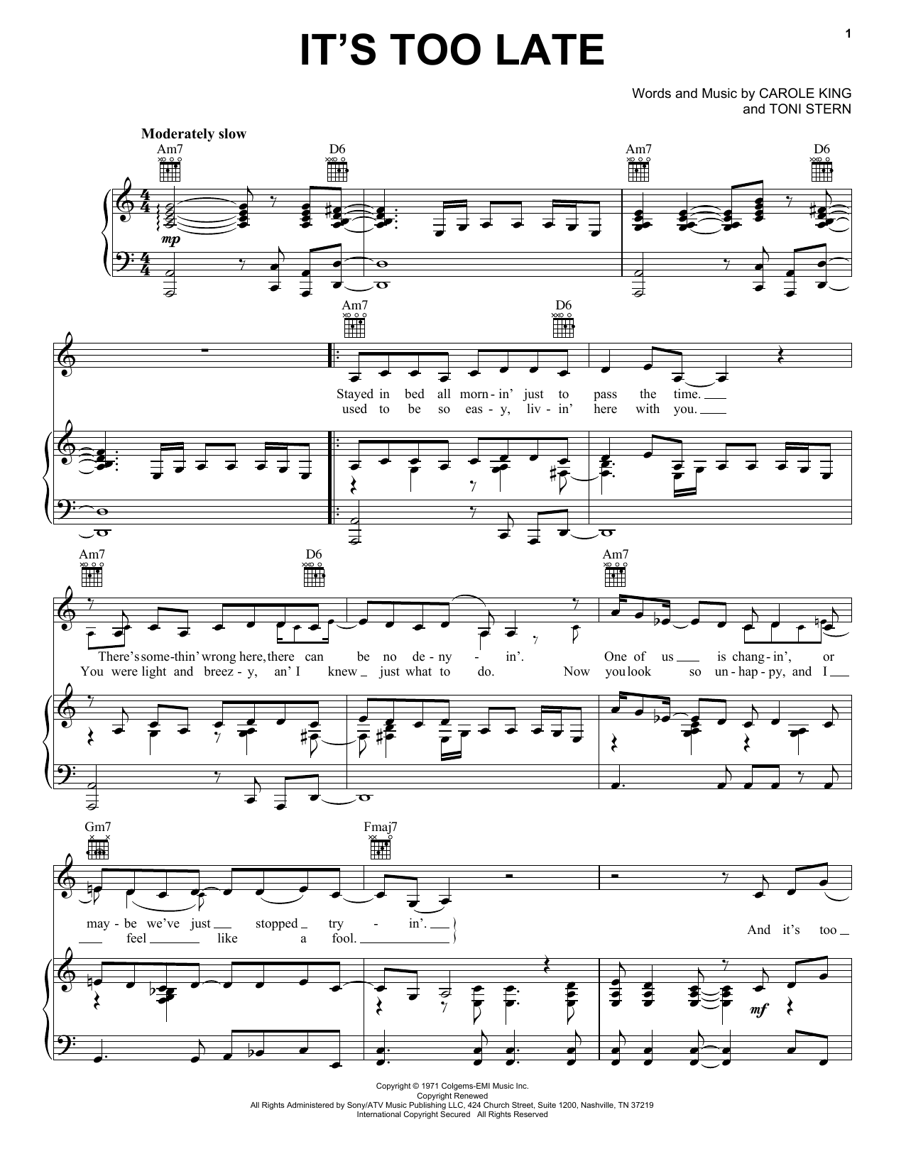 Carole King It's Too Late sheet music notes and chords arranged for Lead Sheet / Fake Book