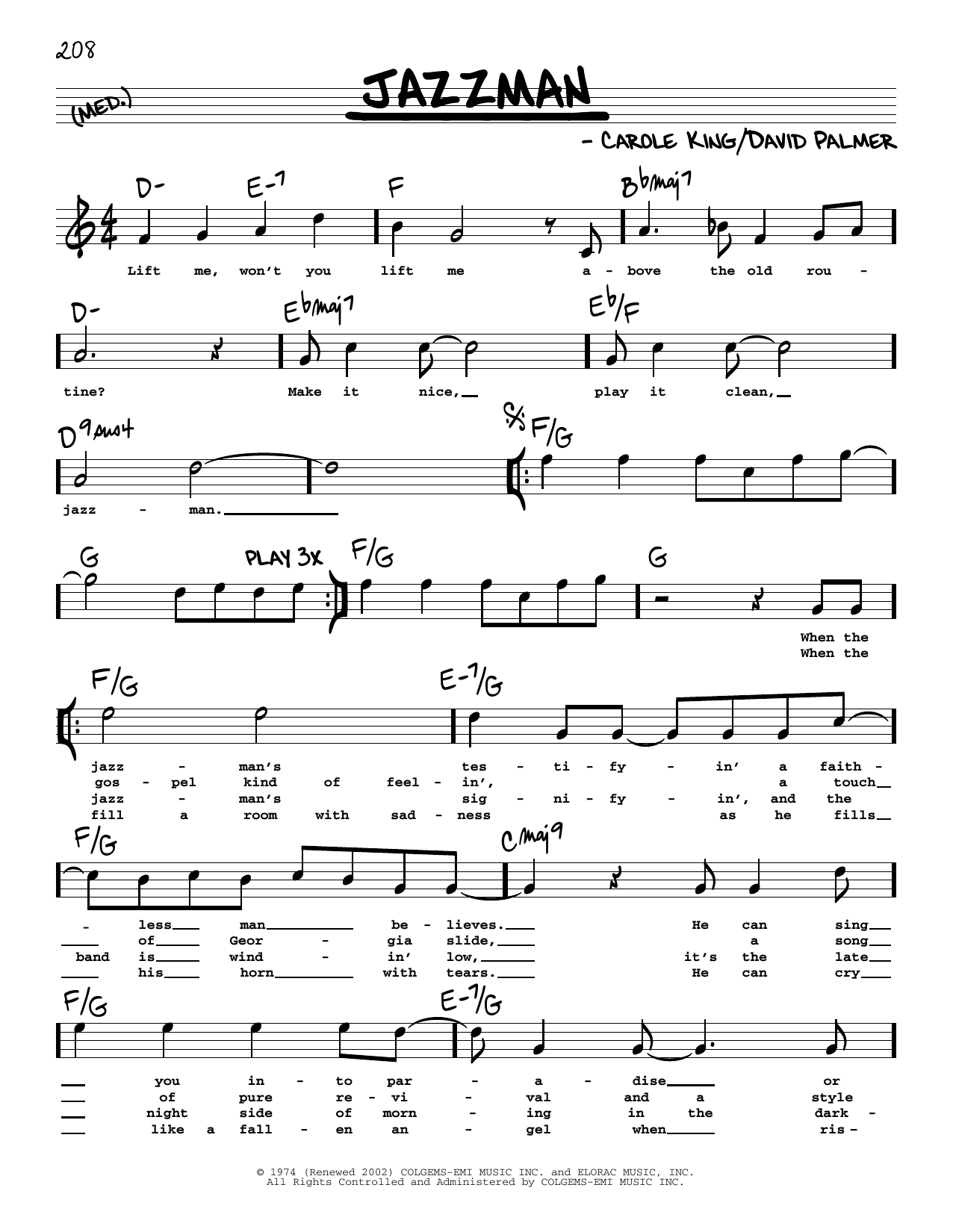 Carole King Jazzman (High Voice) sheet music notes and chords arranged for Real Book – Melody, Lyrics & Chords