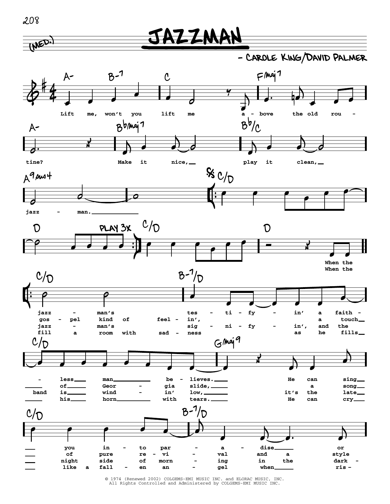 Carole King Jazzman (Low Voice) sheet music notes and chords arranged for Real Book – Melody, Lyrics & Chords