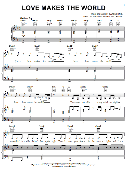Carole King Love Makes The World sheet music notes and chords arranged for Piano, Vocal & Guitar Chords (Right-Hand Melody)