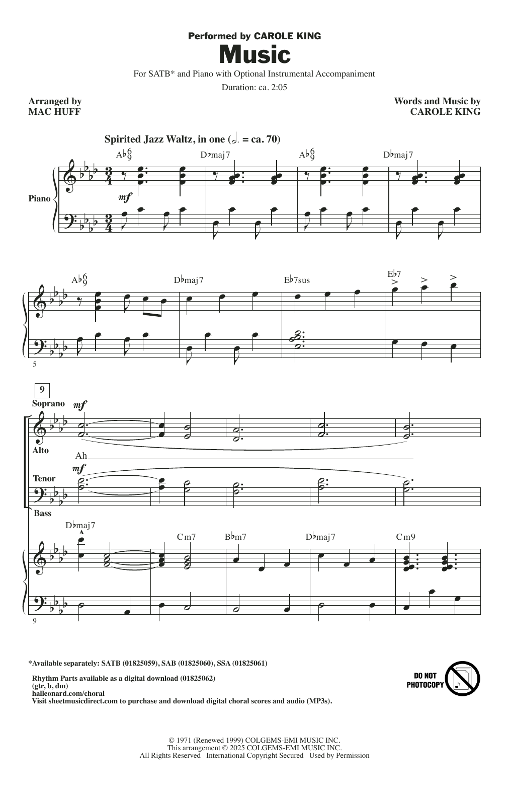 Carole King Music (arr. Mac Huff) sheet music notes and chords arranged for SATB Choir