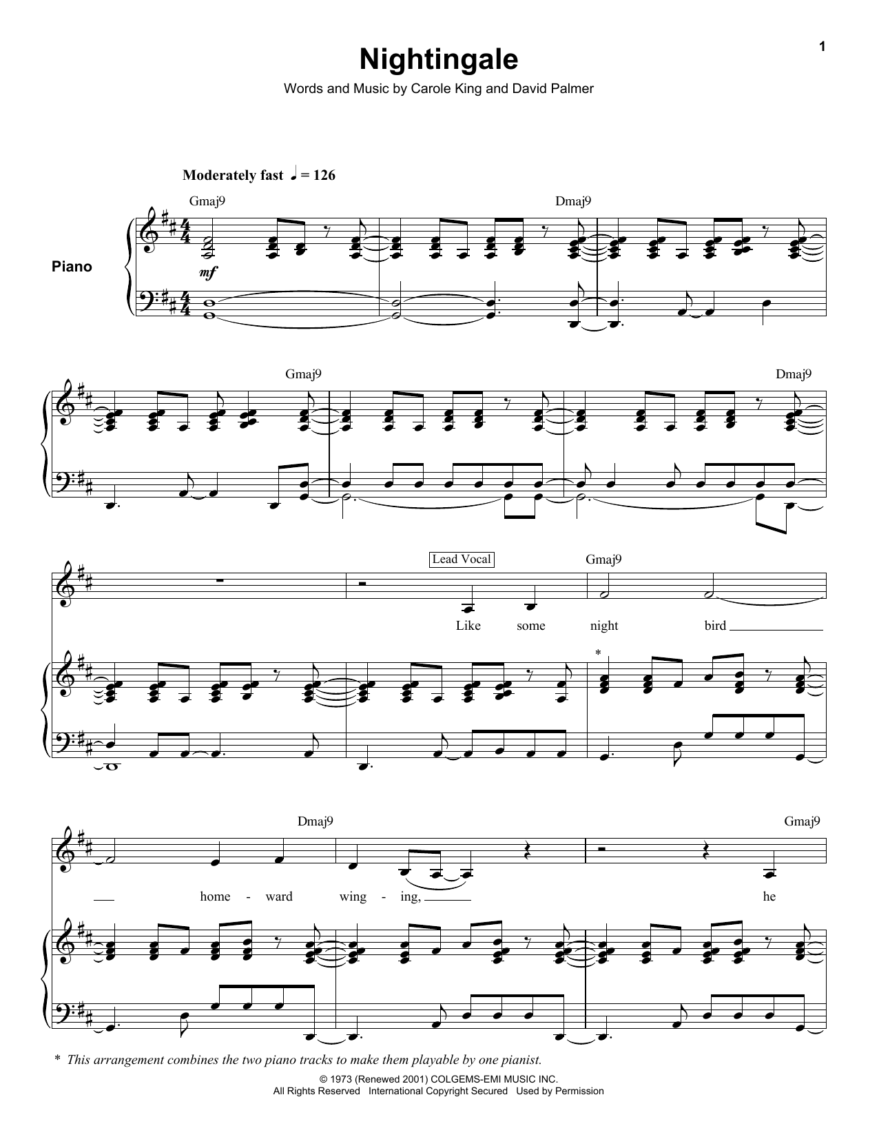 Carole King Nightingale sheet music notes and chords arranged for Keyboard Transcription