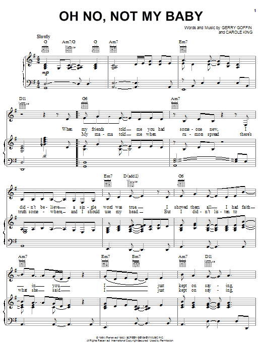 Carole King Oh No, Not My Baby sheet music notes and chords arranged for Piano, Vocal & Guitar Chords (Right-Hand Melody)