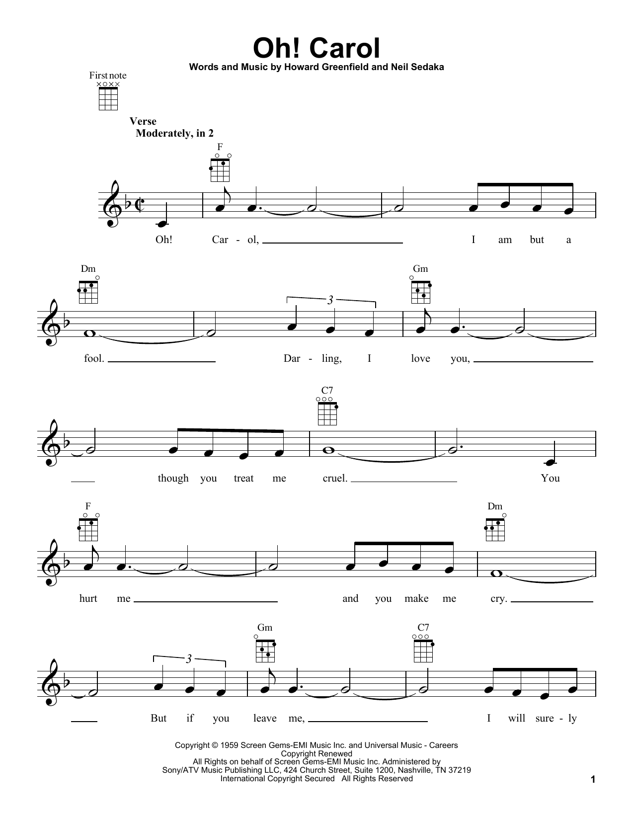 Carole King Oh! Carol sheet music notes and chords arranged for Ukulele