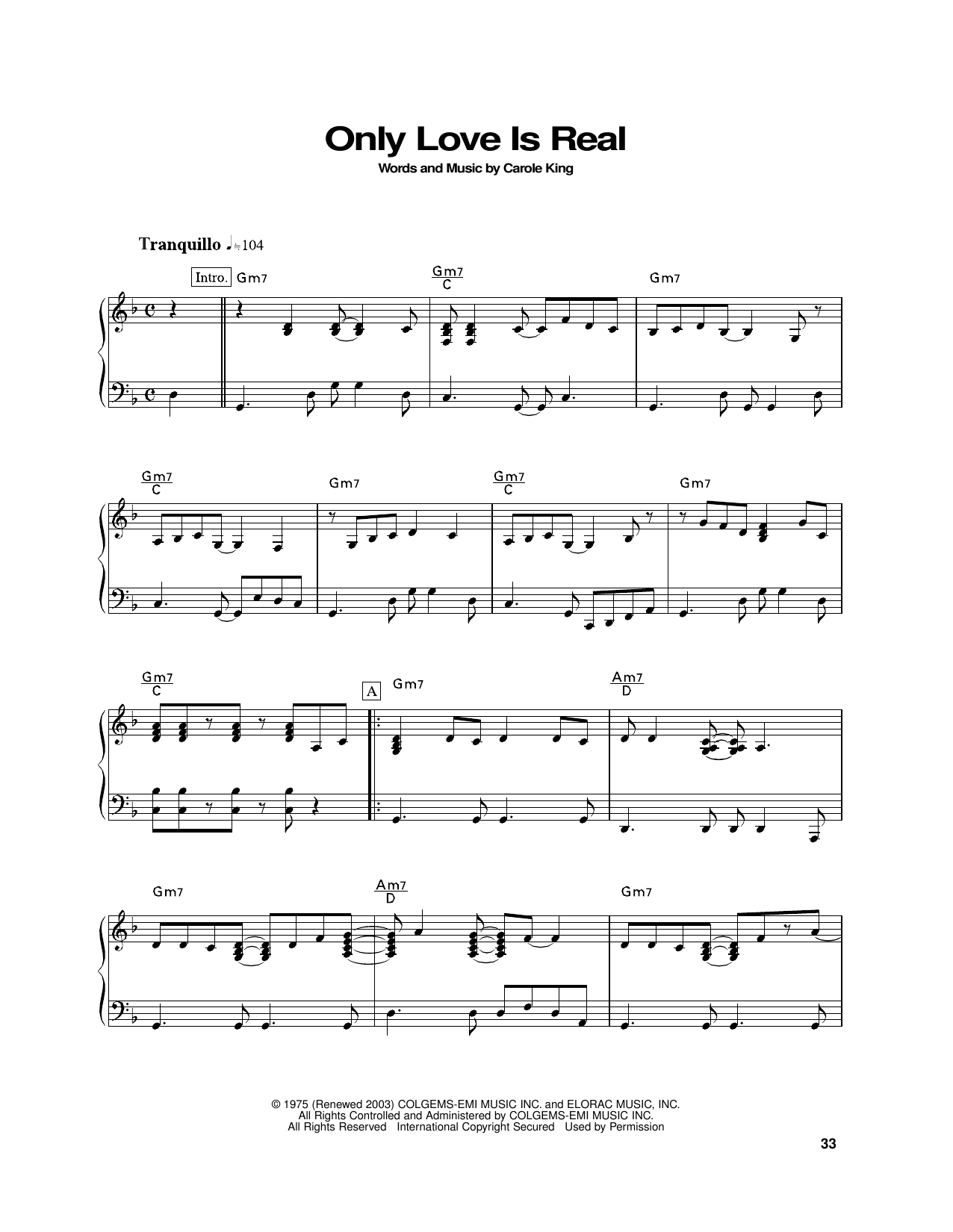 Carole King Only Love Is Real sheet music notes and chords arranged for Piano Solo