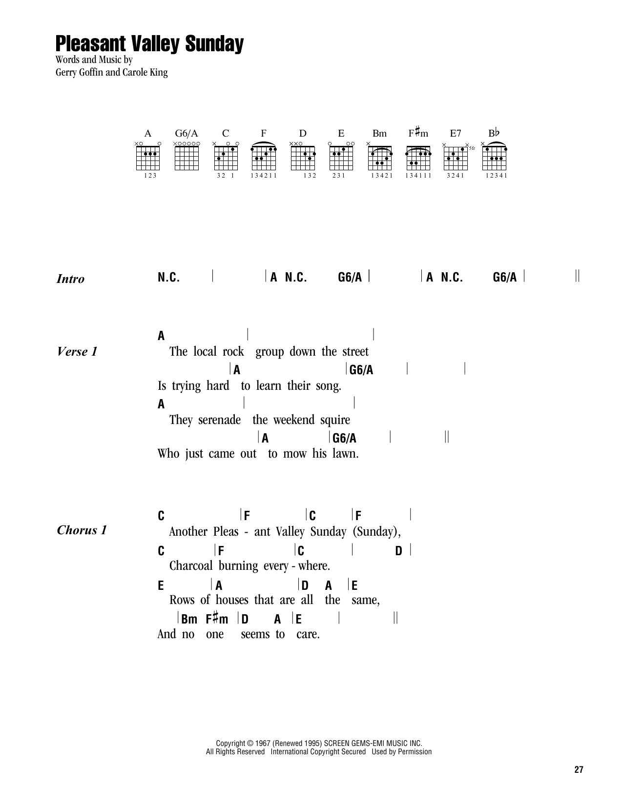 Carole King Pleasant Valley Sunday sheet music notes and chords arranged for Guitar Chords/Lyrics