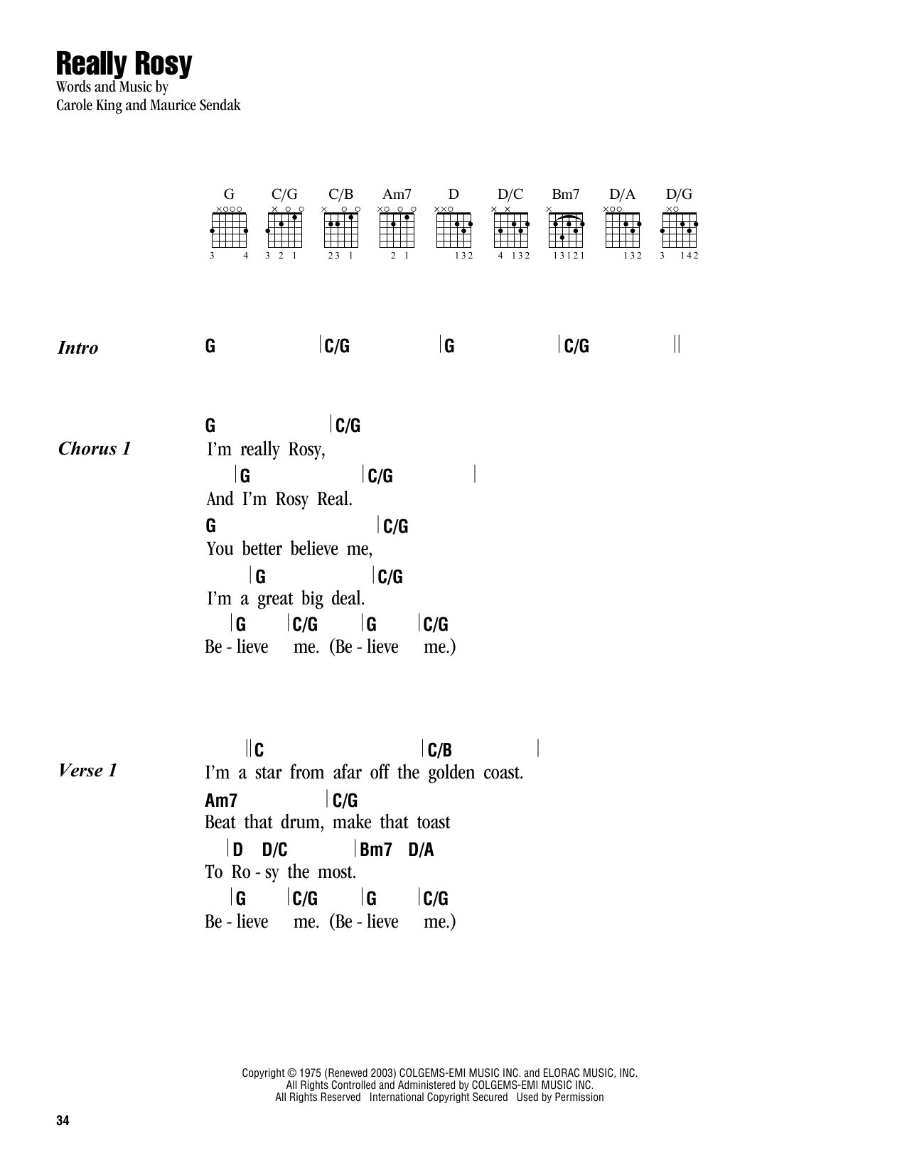 Carole King Really Rosy sheet music notes and chords arranged for Guitar Chords/Lyrics