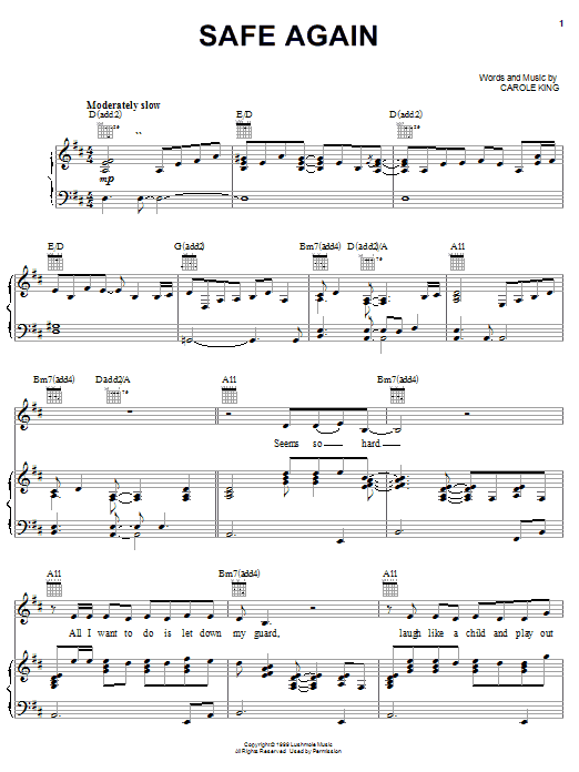 Carole King Safe Again sheet music notes and chords arranged for Piano, Vocal & Guitar Chords (Right-Hand Melody)