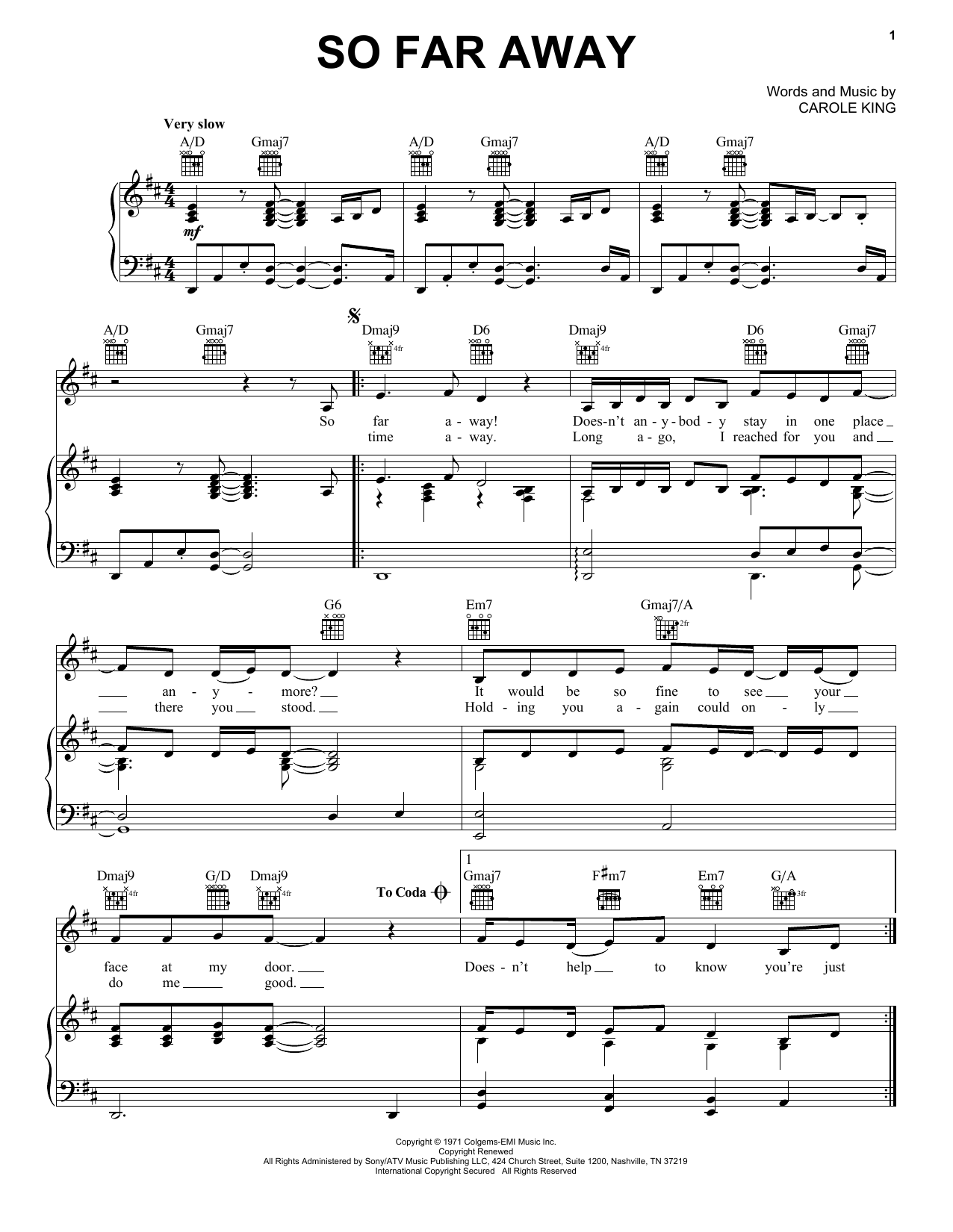 Carole King So Far Away sheet music notes and chords arranged for Vocal Pro + Piano/Guitar