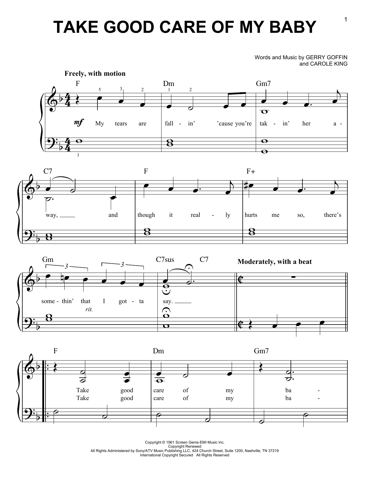 Carole King Take Good Care Of My Baby sheet music notes and chords arranged for Easy Piano