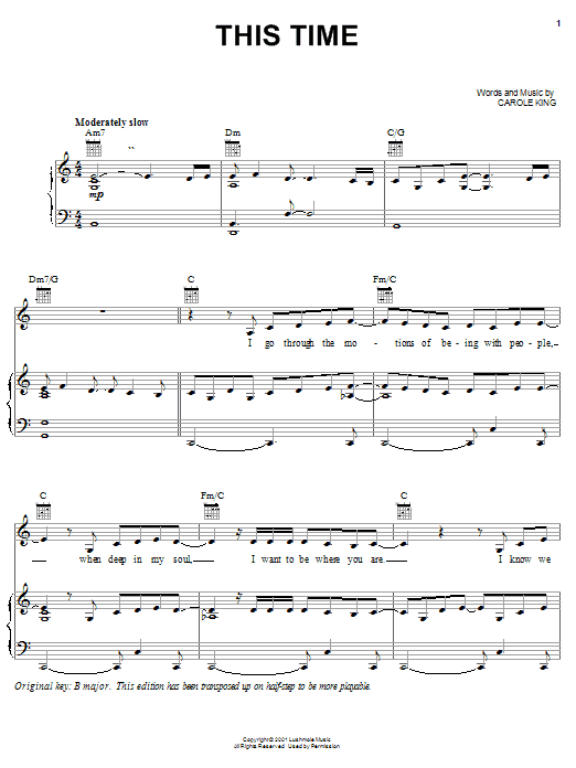 Carole King This Time sheet music notes and chords arranged for Piano, Vocal & Guitar Chords (Right-Hand Melody)