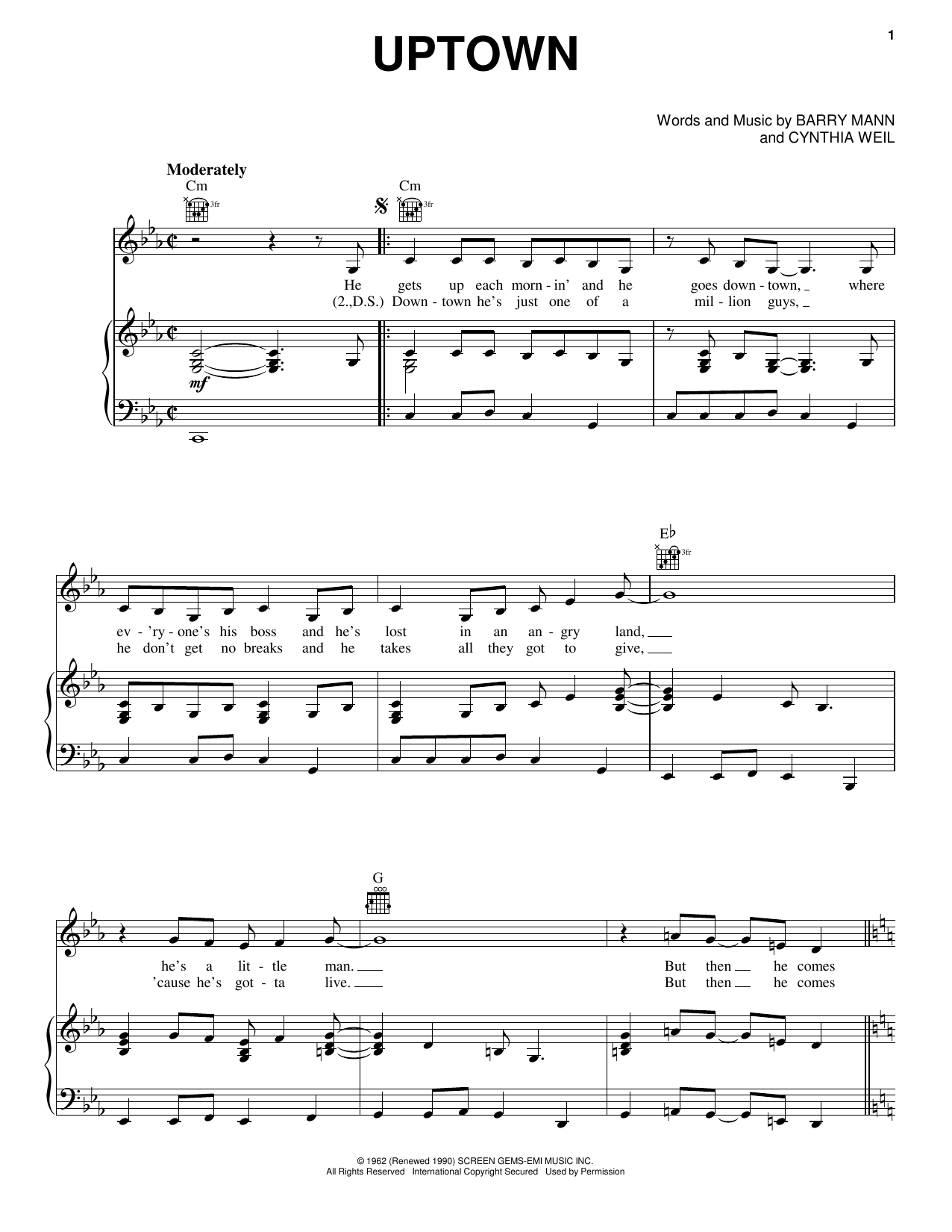 Carole King Uptown sheet music notes and chords arranged for Piano, Vocal & Guitar Chords (Right-Hand Melody)