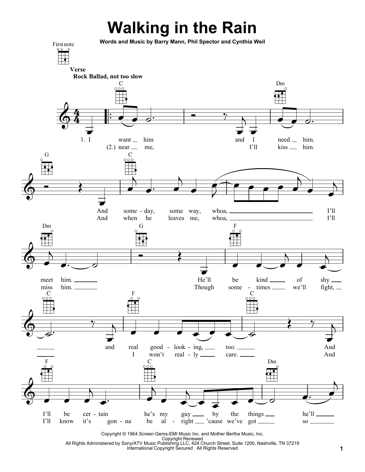 Carole King Walking In The Rain sheet music notes and chords arranged for Ukulele