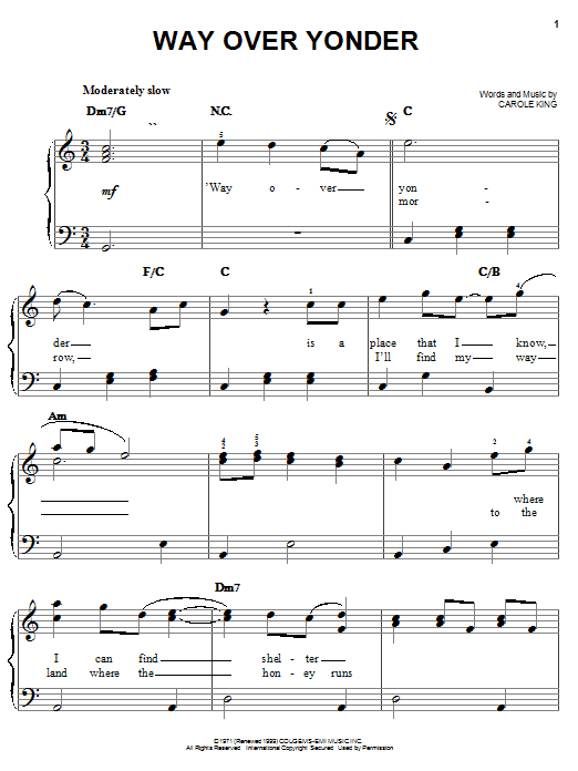 Carole King Way Over Yonder sheet music notes and chords arranged for Keyboard Transcription
