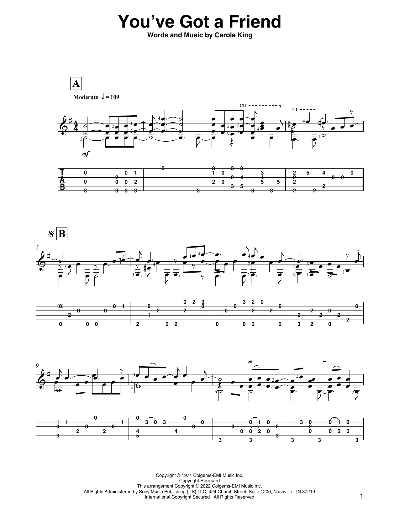 Carole King You've Got A Friend (arr. David Jaggs) sheet music notes and chords arranged for Solo Guitar