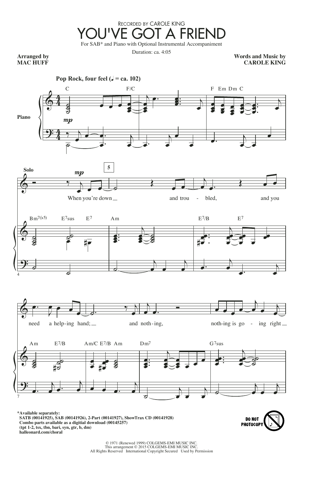 Carole King You've Got A Friend (arr. Mac Huff) sheet music notes and chords arranged for SAB Choir