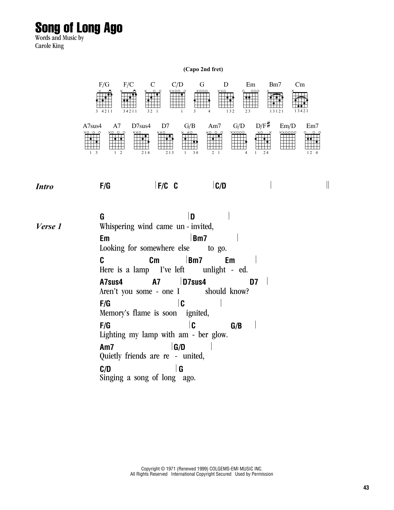 Carole King Song Of Long Ago sheet music notes and chords arranged for Guitar Chords/Lyrics