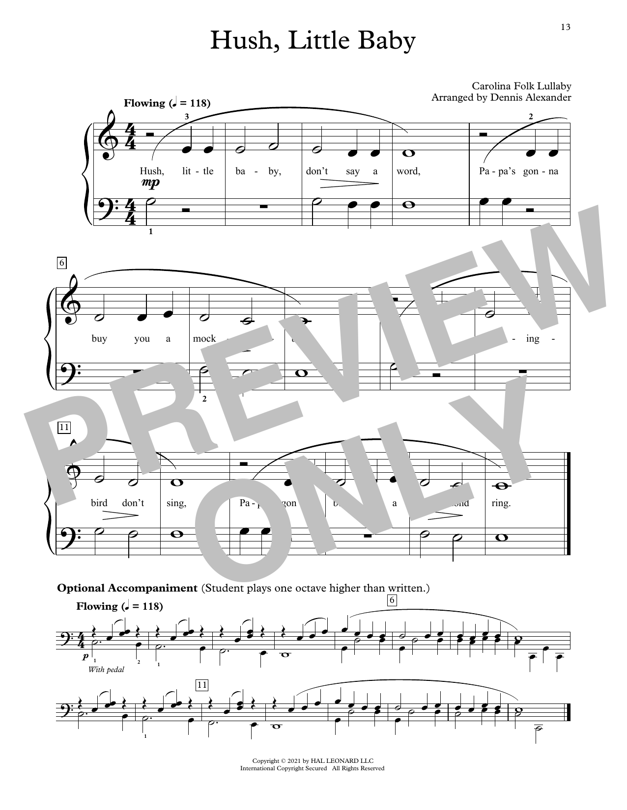Carolina Folk Lullaby Hush, Little Baby (arr. Dennis Alexander) sheet music notes and chords arranged for Educational Piano