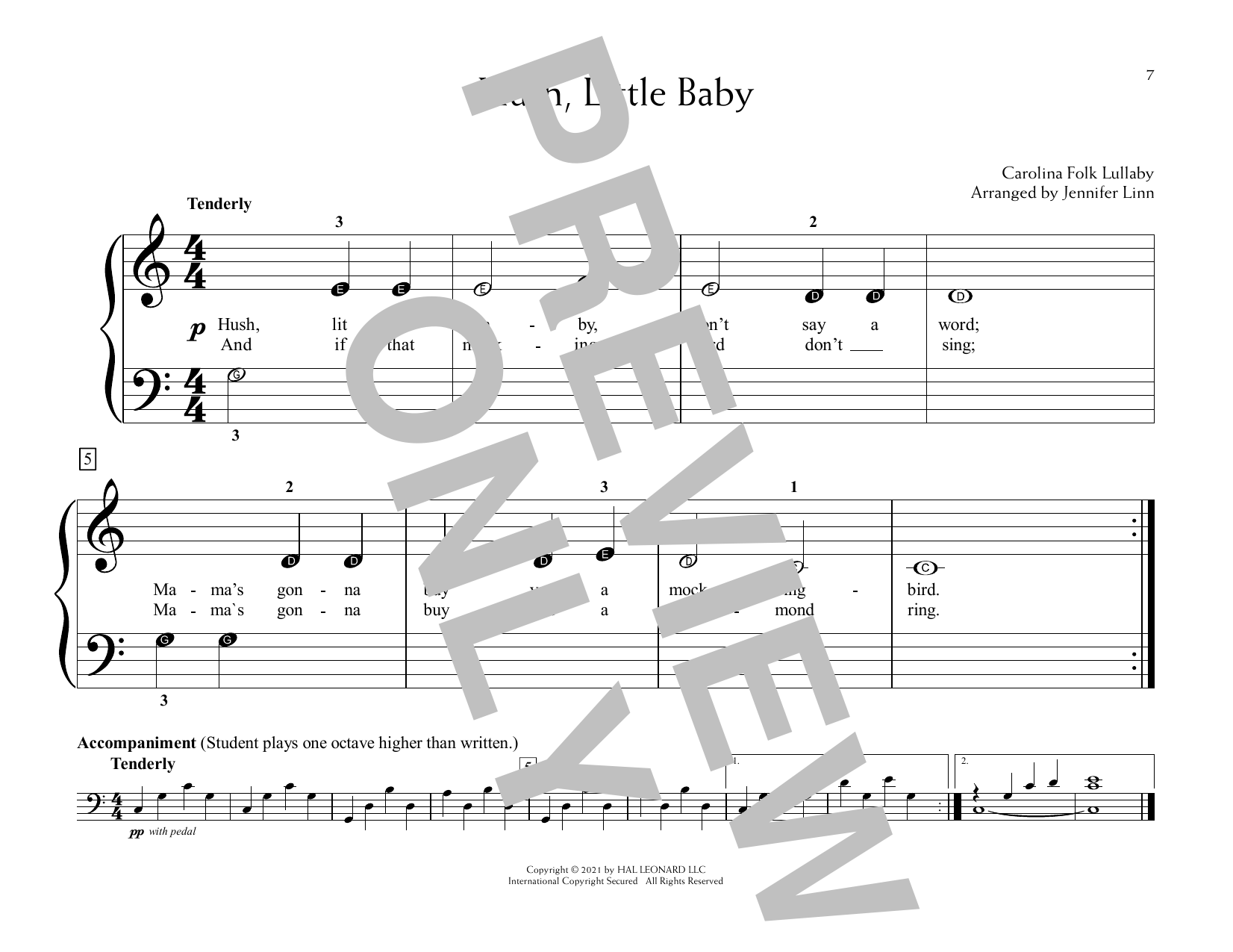 Carolina Folk Lullaby Hush Little Baby (arr. Jennifer Linn) sheet music notes and chords arranged for Educational Piano