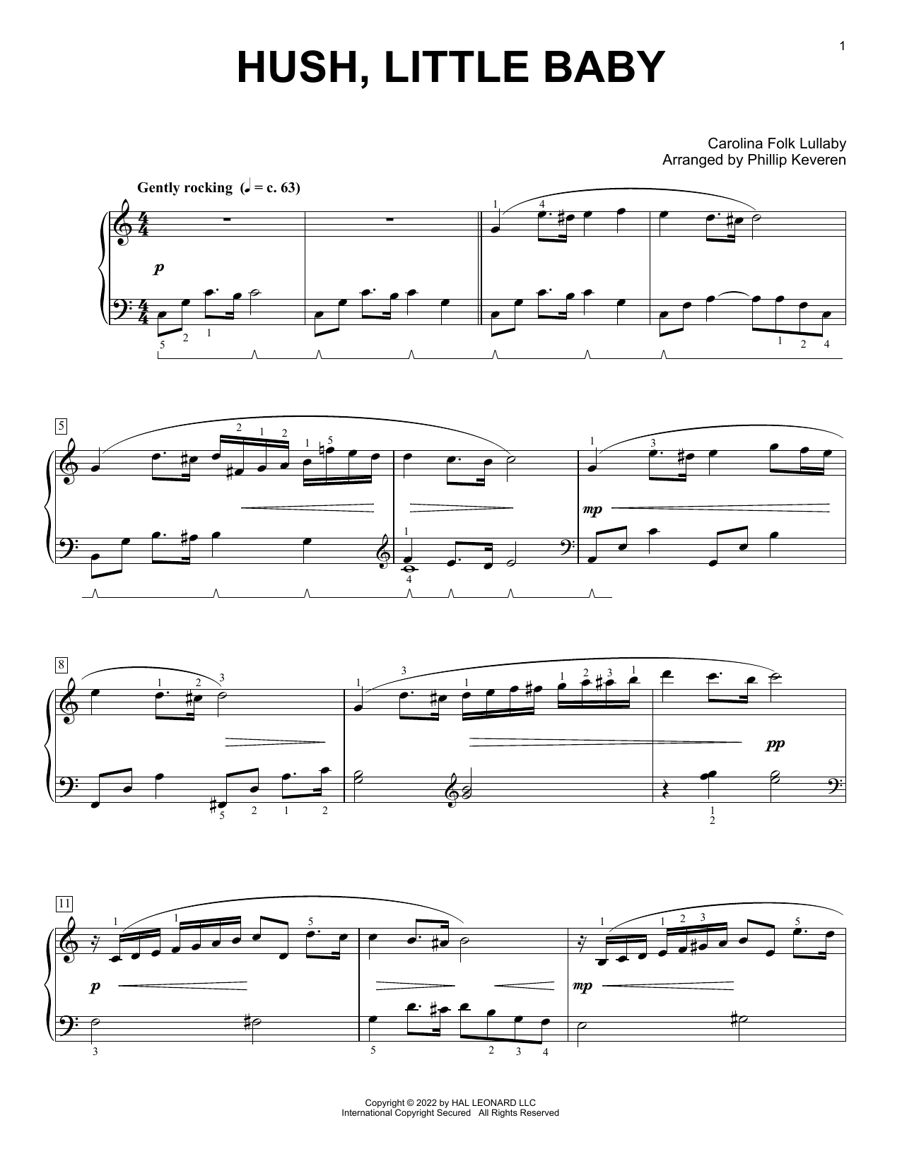 Carolina Folk Lullaby Hush, Little Baby (arr. Phillip Keveren) sheet music notes and chords arranged for Piano Solo