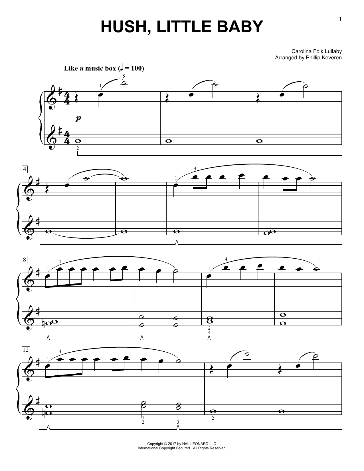 Carolina Folk Lullaby Hush, Little Baby [Classical version] (arr. Phillip Keveren) sheet music notes and chords arranged for Easy Piano
