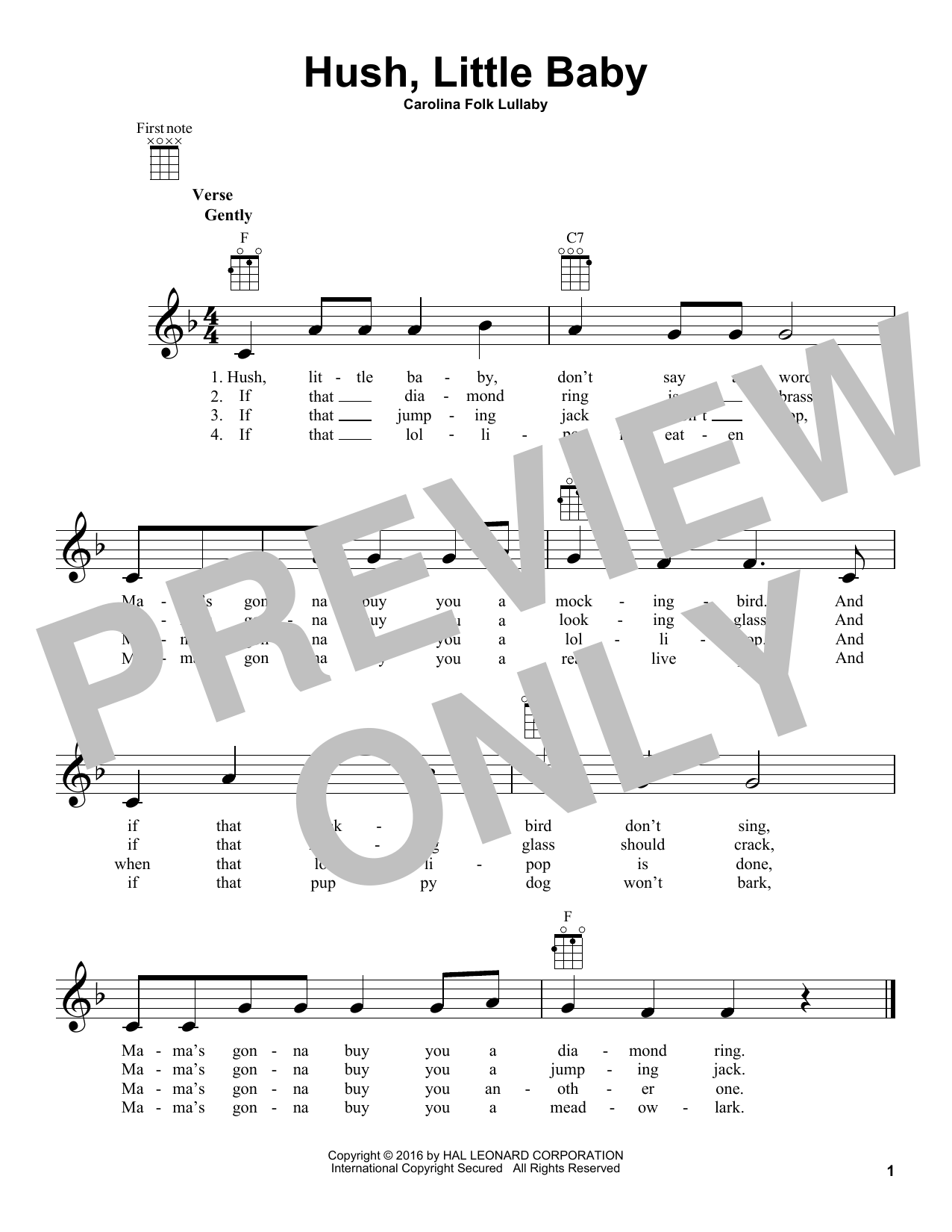 Carolina Folk Lullaby Hush, Little Baby sheet music notes and chords arranged for Piano & Vocal