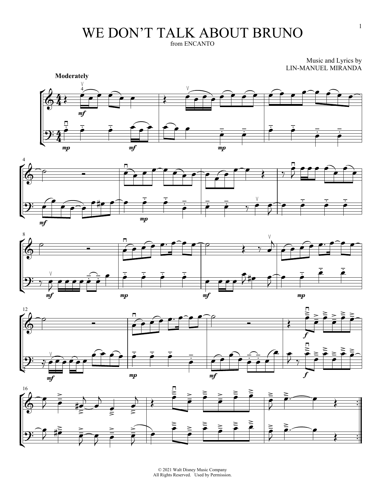 Carolina Gaitan, Mauro Castillo, Adassa, Rhenzy We Don't Talk About Bruno (from Encanto) (arr. Michelle Hynson) sheet music notes and chords arranged for Instrumental Duet