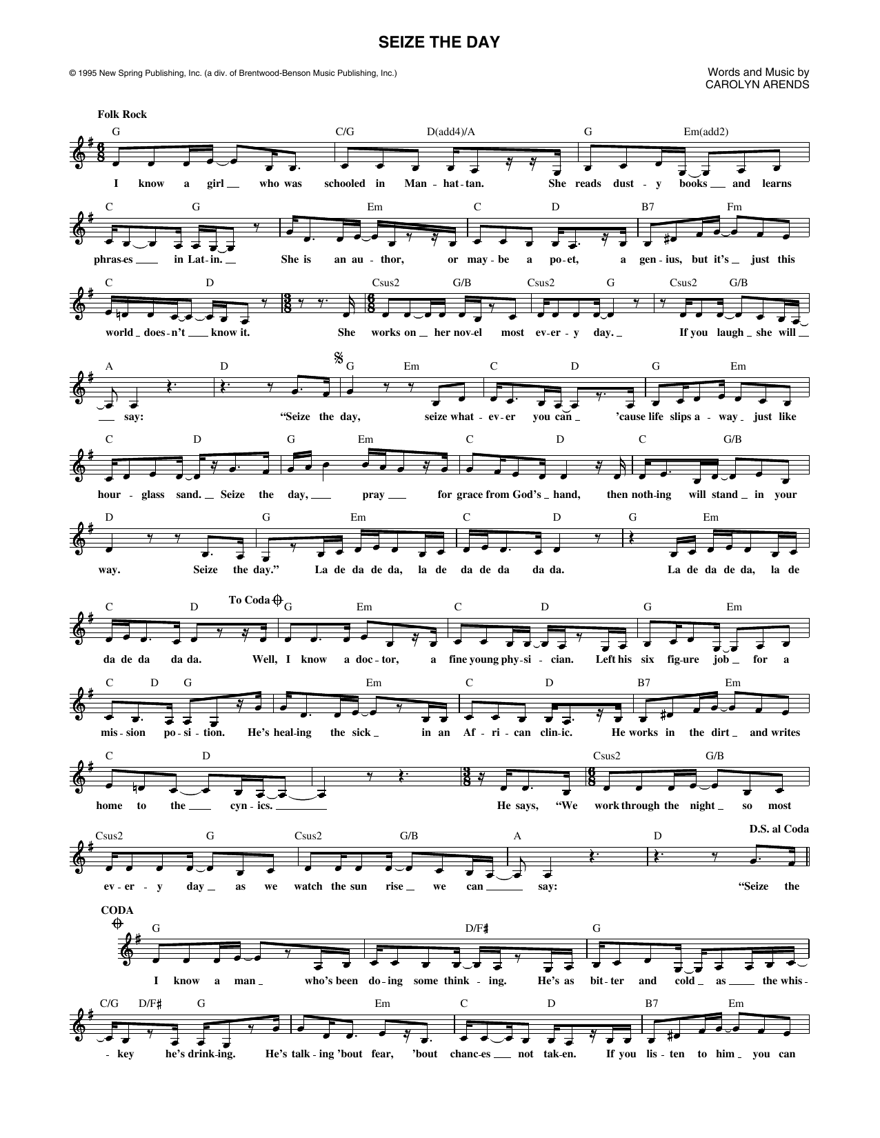 Carolyn Arends Seize The Day sheet music notes and chords arranged for Lead Sheet / Fake Book