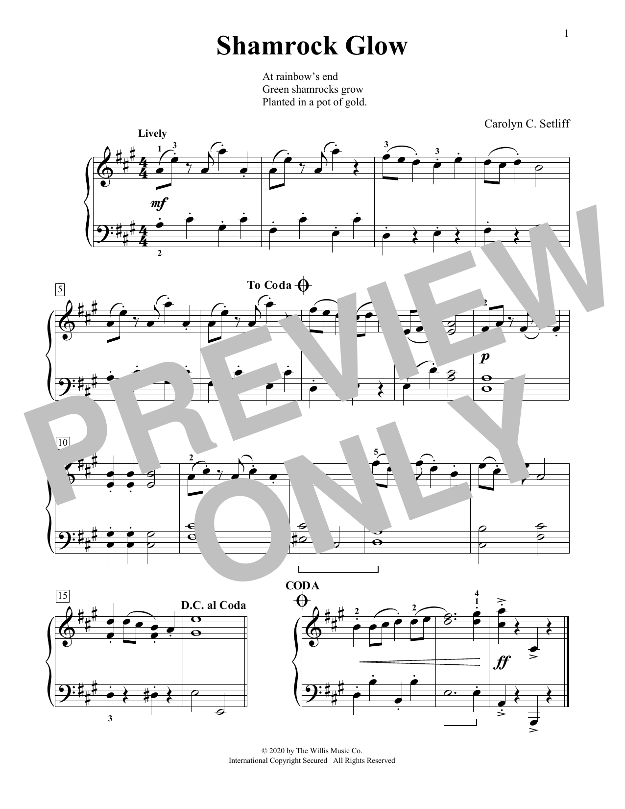 Carolyn C. Setliff Shamrock Glow sheet music notes and chords arranged for Educational Piano