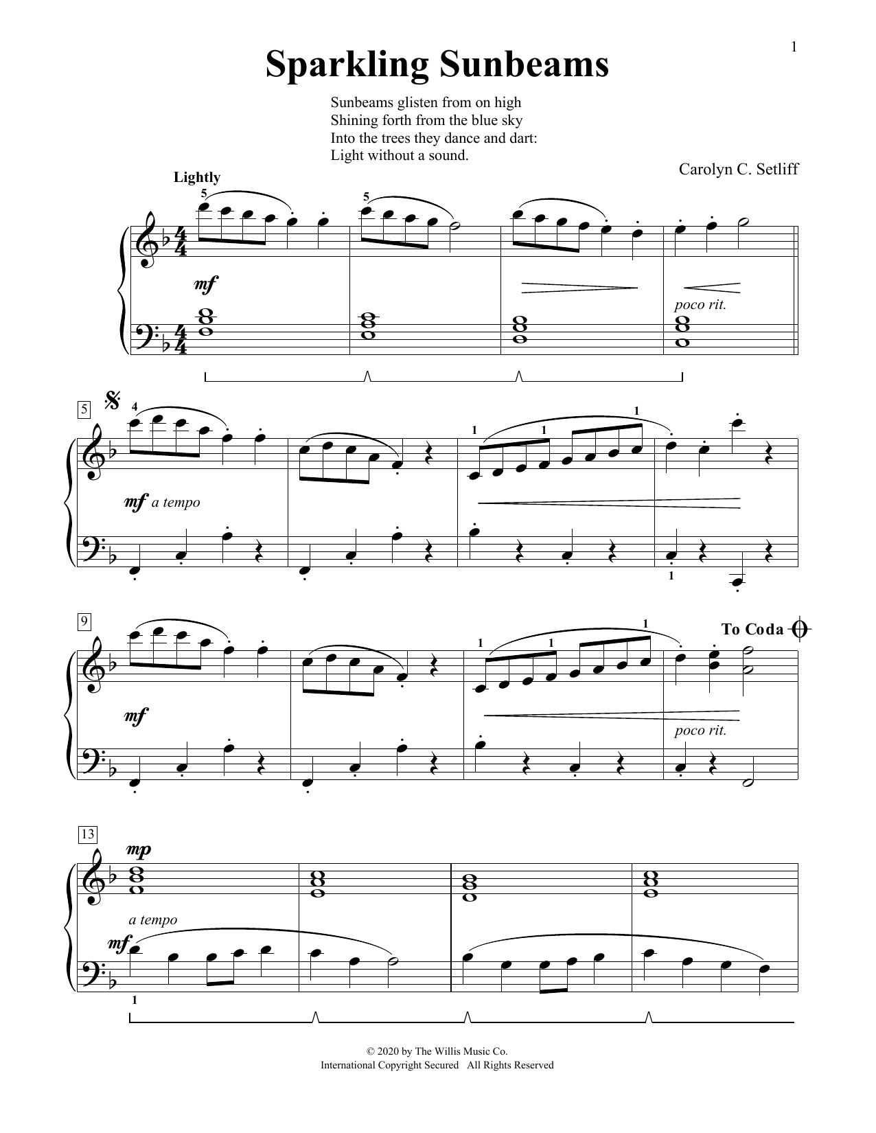 Carolyn C. Setliff Sparkling Sunbeams sheet music notes and chords arranged for Educational Piano