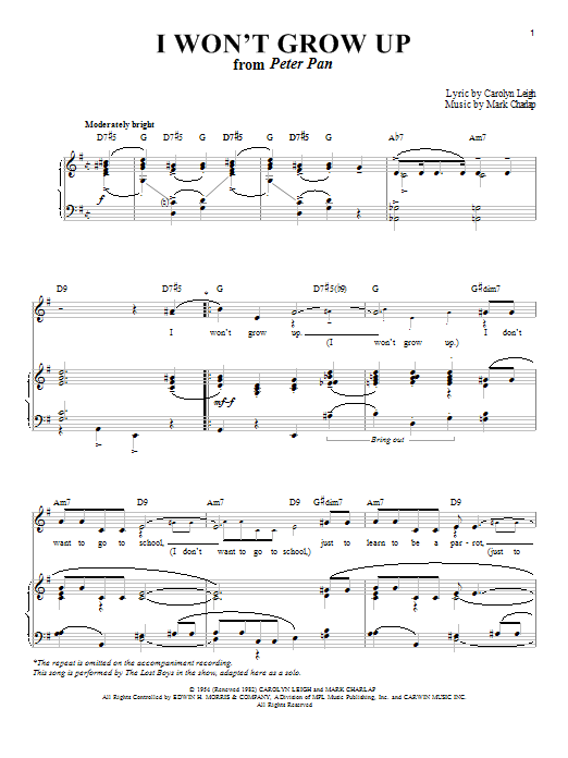 Carolyn Leigh I Won't Grow Up sheet music notes and chords arranged for Piano, Vocal & Guitar Chords (Right-Hand Melody)