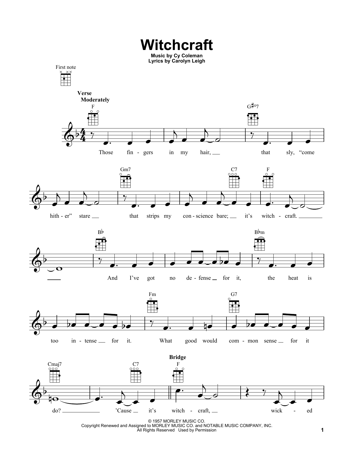 Carolyn Leigh Witchcraft sheet music notes and chords arranged for Ukulele