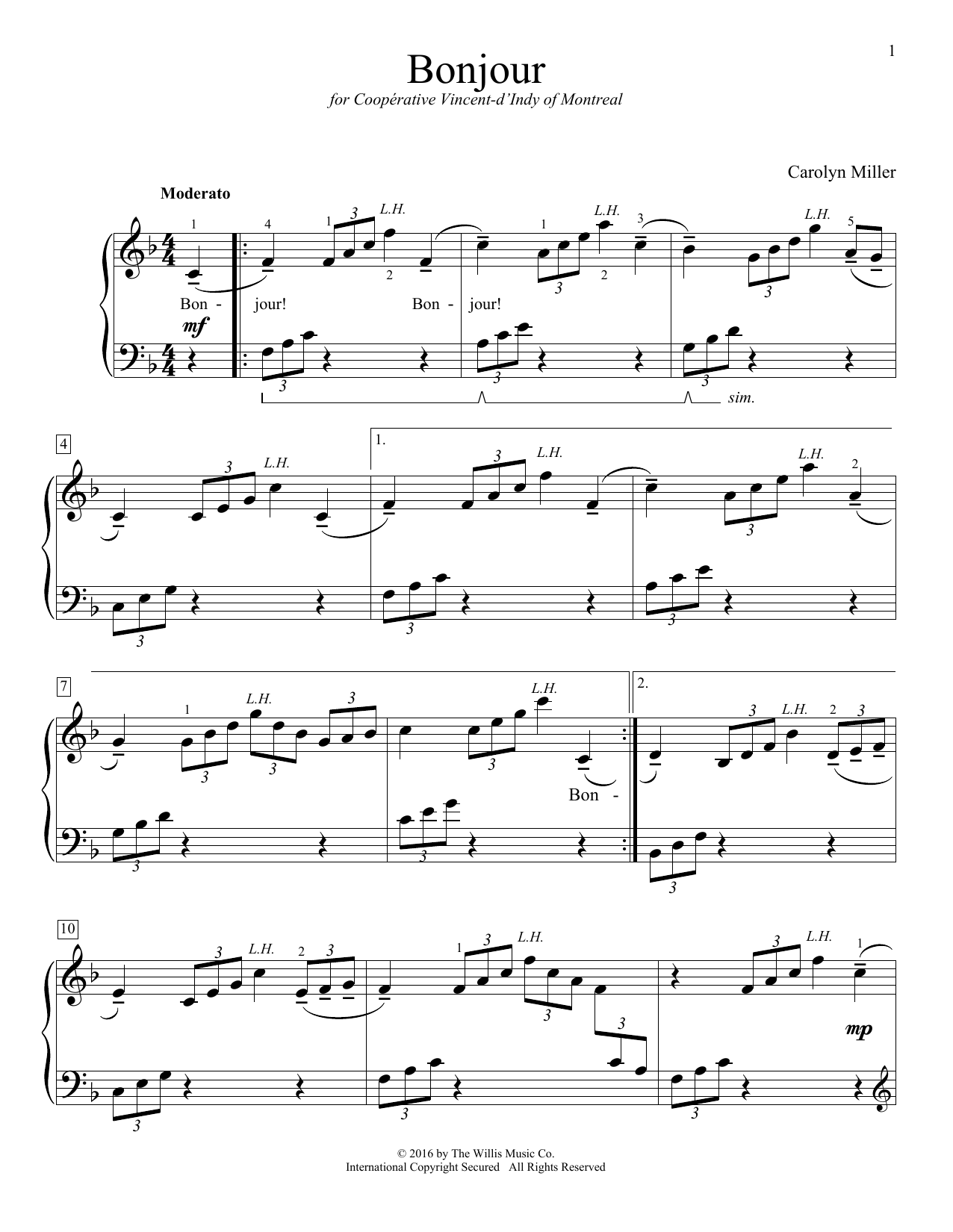 Carolyn Miller Bonjour sheet music notes and chords arranged for Educational Piano
