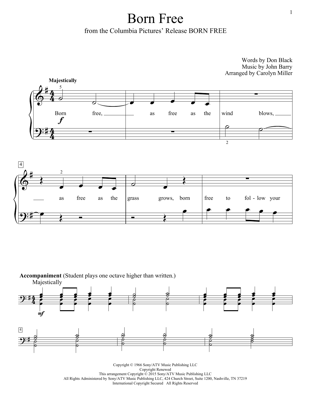 Carolyn Miller Born Free sheet music notes and chords arranged for Educational Piano