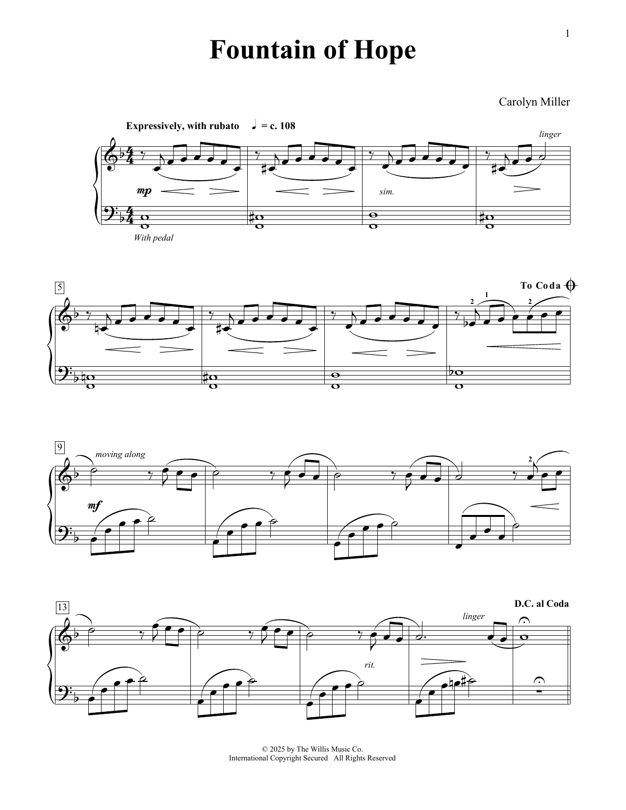 Carolyn Miller Fountain Of Hope sheet music notes and chords arranged for Educational Piano