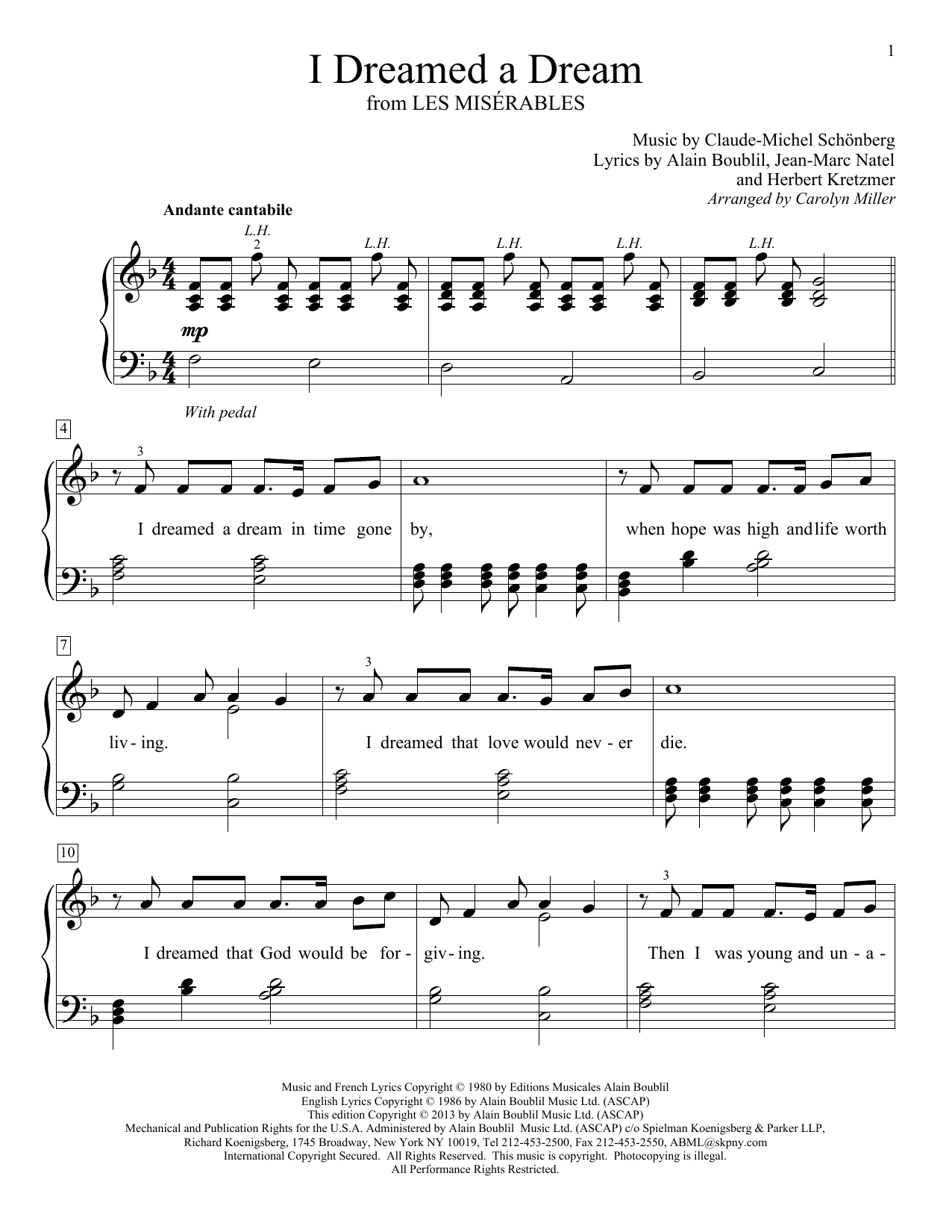 Carolyn Miller I Dreamed A Dream sheet music notes and chords arranged for Educational Piano
