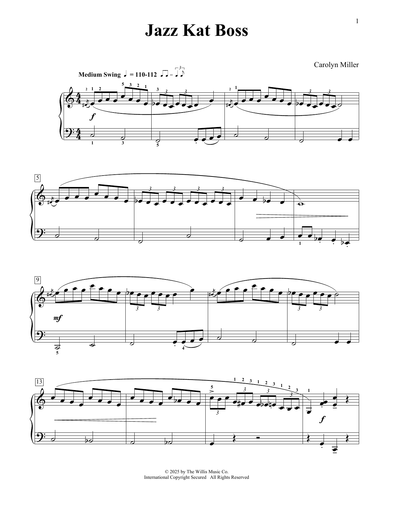 Carolyn Miller Jazz Kat Boss sheet music notes and chords arranged for Educational Piano