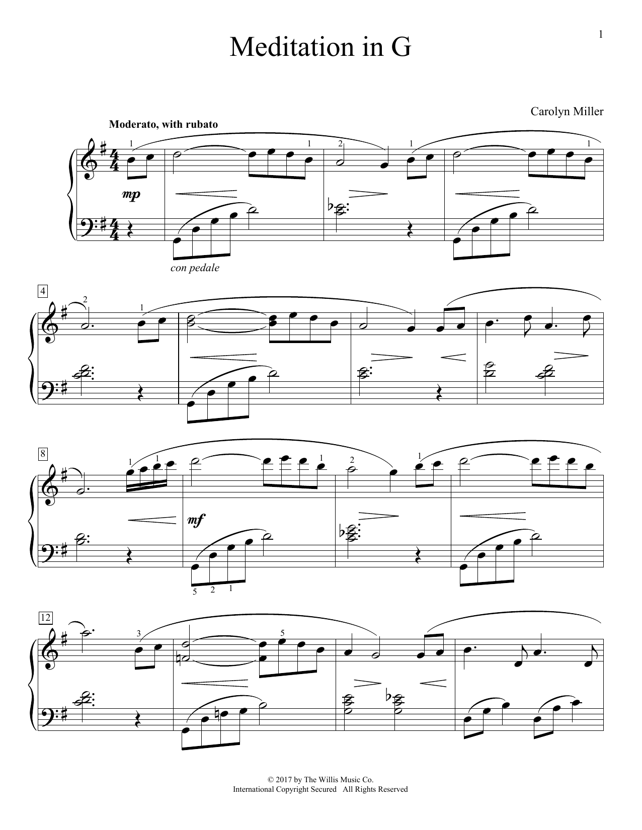 Carolyn Miller Meditation In G sheet music notes and chords arranged for Educational Piano