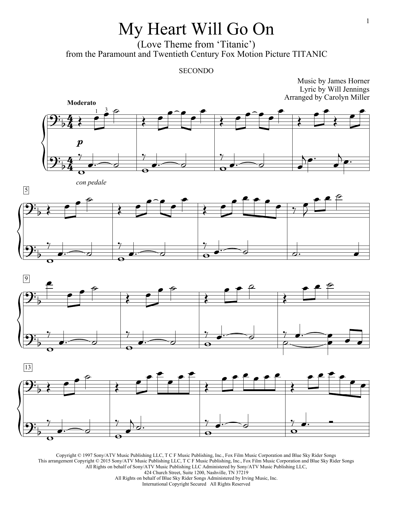 Carolyn Miller My Heart Will Go On (Love Theme From Titanic) sheet music notes and chords arranged for Piano Duet