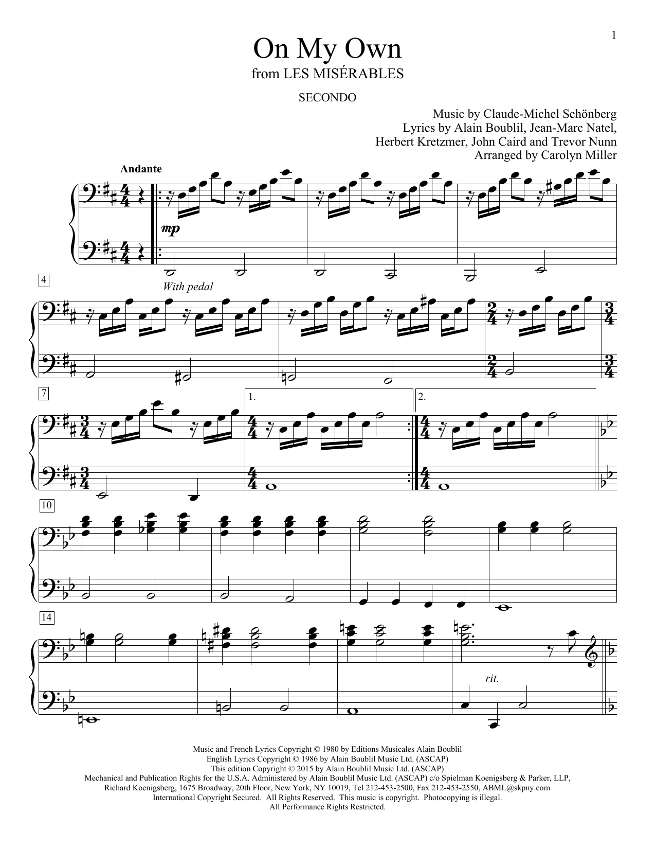 Carolyn Miller On My Own (from Les Miserables) sheet music notes and chords arranged for Piano Duet