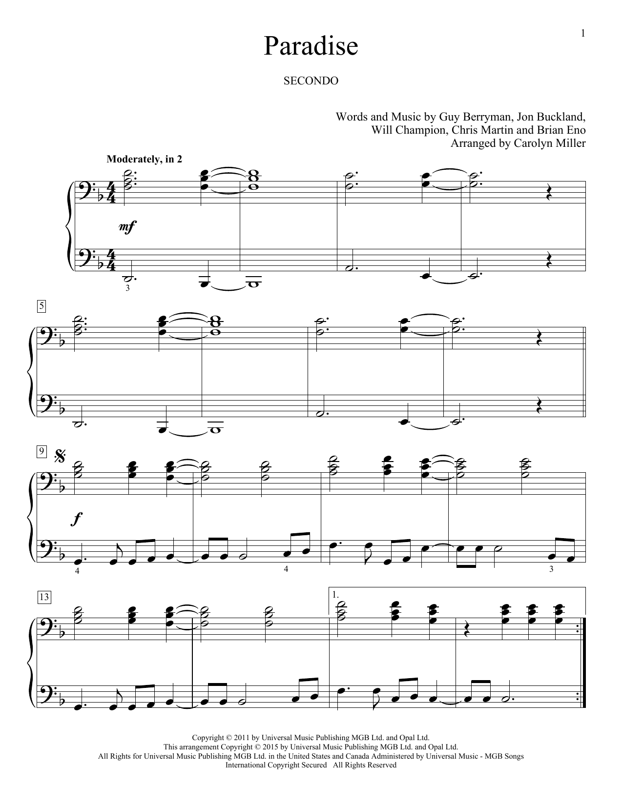 Carolyn Miller Paradise sheet music notes and chords arranged for Piano Duet