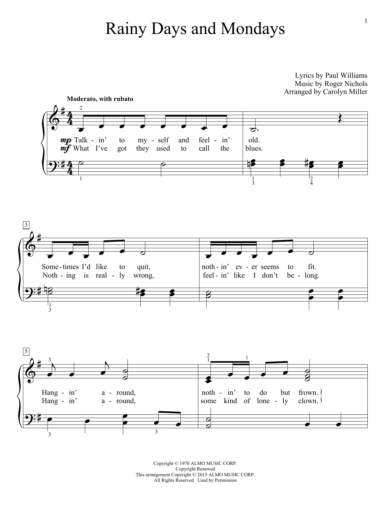 Carolyn Miller Rainy Days And Mondays sheet music notes and chords arranged for Educational Piano
