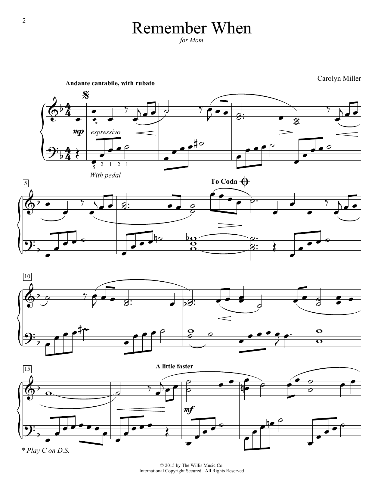 Carolyn Miller Remember When sheet music notes and chords arranged for Educational Piano