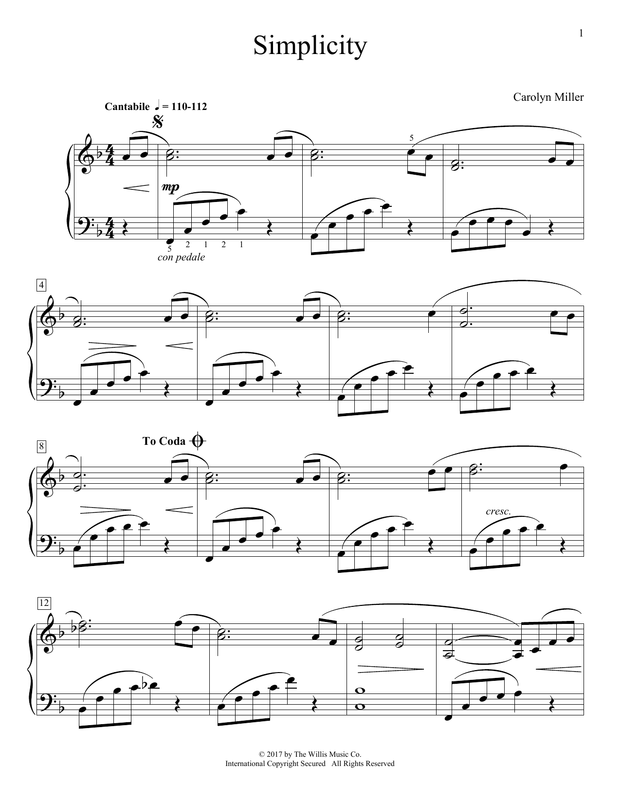 Carolyn Miller Simplicity sheet music notes and chords arranged for Educational Piano