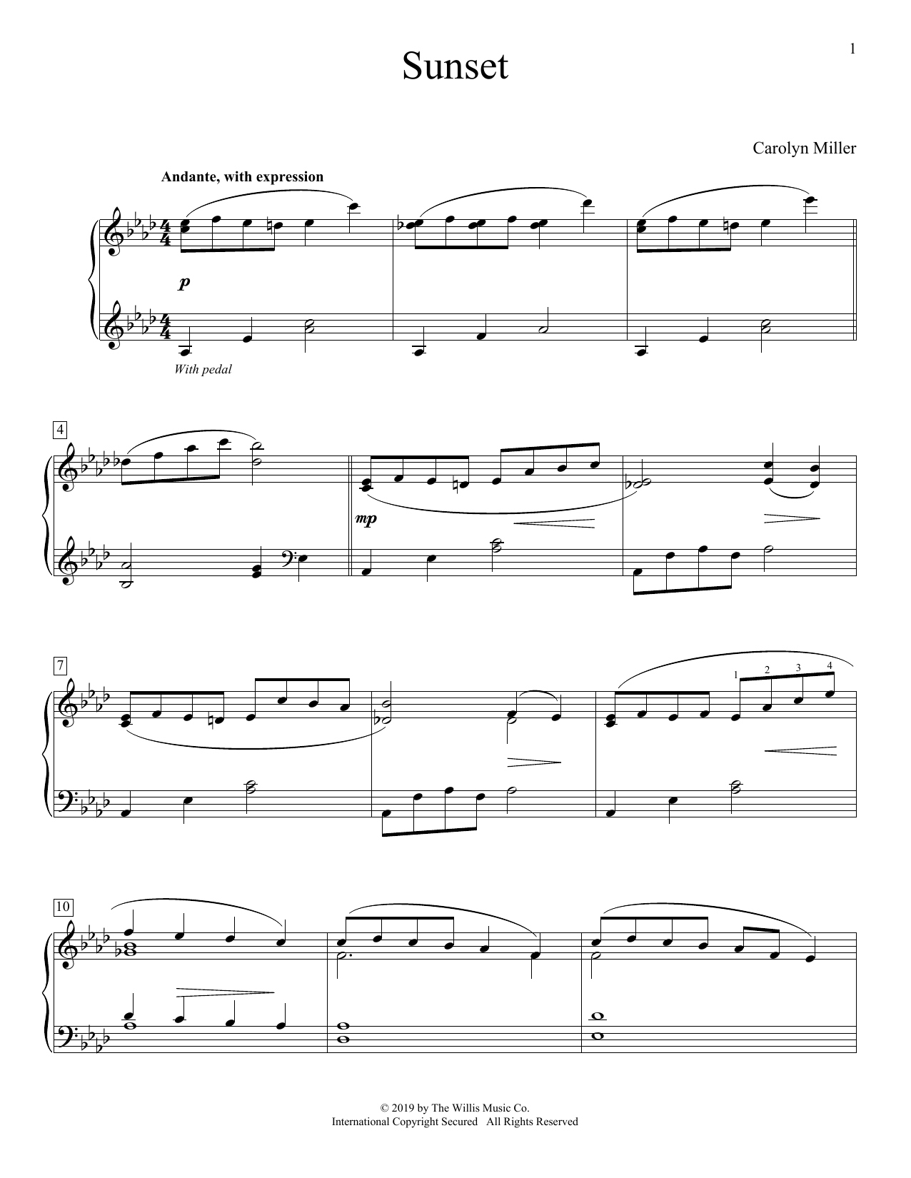 Carolyn Miller Sunset sheet music notes and chords arranged for Educational Piano