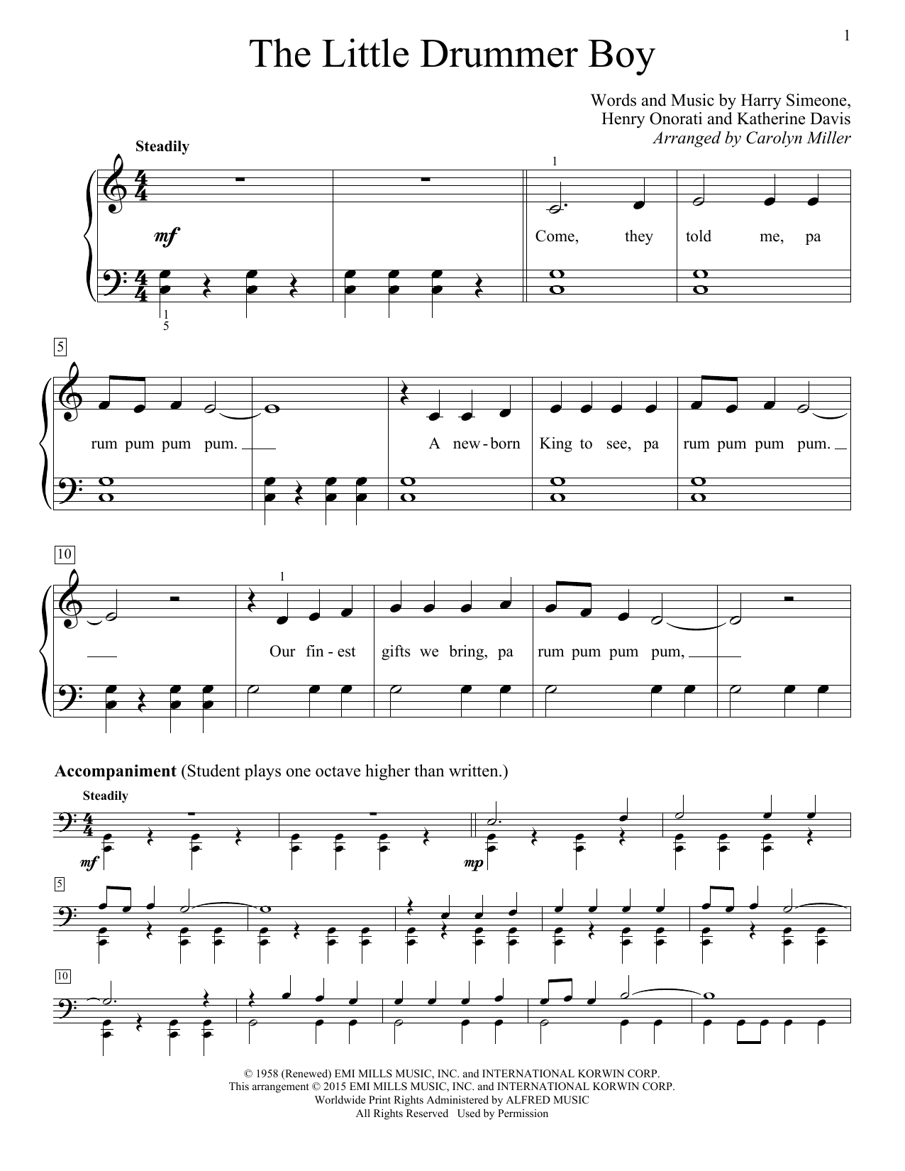 Carolyn Miller The Little Drummer Boy sheet music notes and chords arranged for Educational Piano